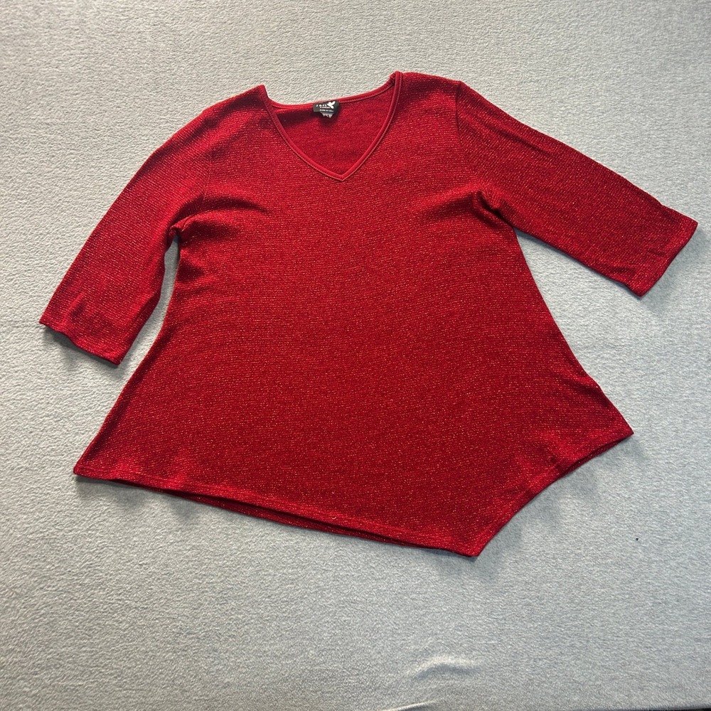 J & JL Fashion USA Tunic Top Womens M Red Textured Asymmetrical Hem Sweater Knit